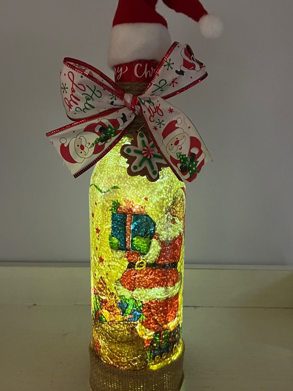 Festive Red Santa Bottle Lamp with Holiday Bow